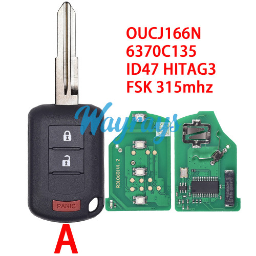 For Mitsubishi OUCJ166N 6370C135 ID47 chip HITAG3 with FSK 315mhz 2+1 button remote key
