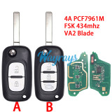 For Renault 4A chip PCF7961M with FSK 434mhz keyless 2/3 button remote key,VA2 blade