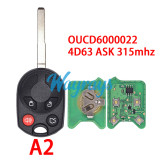 For Ford Mercury OUCD6000022 4D63 chip with ASK 315mhz 2+1/3+1 button remote key