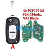 For Renault 4A chip PCF7961M with FSK 434mhz keyless 2/3 button remote key,VA2 blade