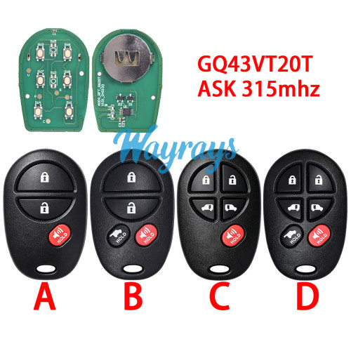 For Toyota Sequoia GQ43VT20T ASK 315mhz remote key
