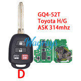 For Toyota GQ4-52T ASK 314mhz remote key Toy43 blade,please choose which chip you need