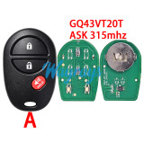 For Toyota Sequoia GQ43VT20T ASK 315mhz remote key