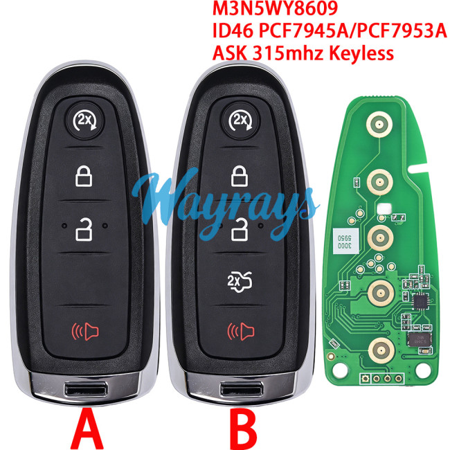 For Ford M3N5WY8609 ID46 chip PCF7945A/PCF7953A with ASK 315mhz keyless 3+1/4+1 button remote key