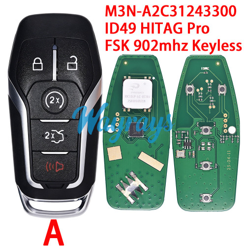 For Ford M3N-A2C31243300 ID49 chip HITAG Pro with FSK 902mhz keyless 4+1 button remote key