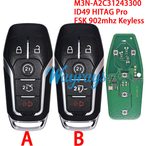 For Ford M3N-A2C31243300 ID49 chip HITAG Pro with FSK 902mhz keyless 4+1 button remote key