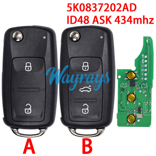 For VW 5K0837202AD ID48 chip with ASK 434mhz 2/3 button remote key