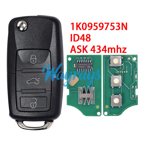 For VW 1K0 959 753 N ID48 chip with ASK 434mhz 3 button remote key