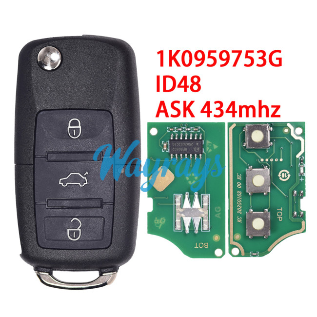 For VW 1K0959753G ID48 chip with ASK 434mhz 3 button remote key