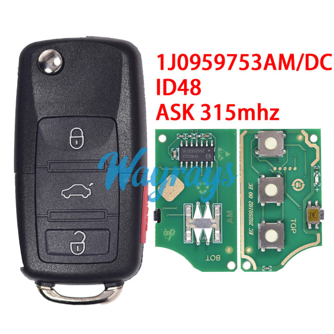 For VW 1J0959753AM/DC ID48 chip with ASK 315mhz 3+1 button remote key