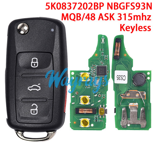 For VW 5K0837202BP MQB48 chip with ASK 315mhz keyless 3+1 button remote key