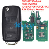For VW 3D0 959753AA/AK 5K0837202AK ID46 chip PCF7961A/PCF7942 with ASK 434mhz keyless 3 button remote key