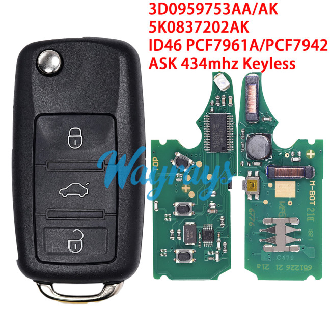 For VW 3D0 959753AA/AK 5K0837202AK ID46 chip PCF7961A/PCF7942 with ASK 434mhz keyless 3 button remote key