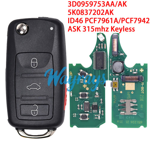 For VW 3D0 959753AA/AK 5K0837202AK ID46 chip PCF7961A/PCF7942 with ASK 315mhz keyless 3+1 button remote key