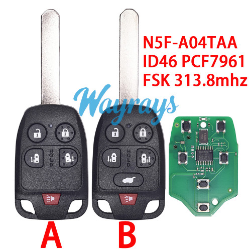 For Honda N5F-A04TAA ID46 chip PCF7961 with FSK 313.8mhz 4+1/5+1 button remote key