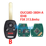 For Honda OUCG8D-380H-A ID48 chip with FSK 313.8mhz 2+1/3+1 button remote key