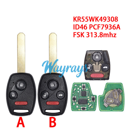 For Honda KR55WK49308 ID46 chip PCF7936A with FSK 313.8mhz 3+1 button remote key