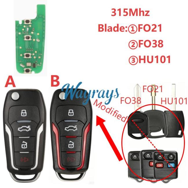 For Ford 315mhz 3+1 button modified remote key