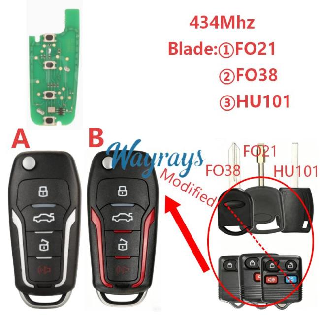 For Ford 434mhz 3+1 button modified remote key