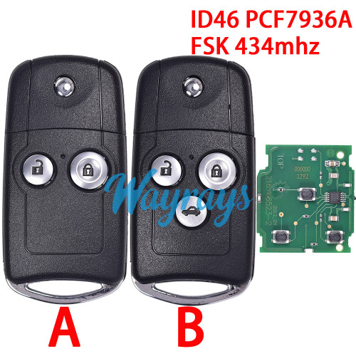 For Honda HLIK-3T ID46 chip PCF7936A with FSK 434mhz 2/3 button remote key