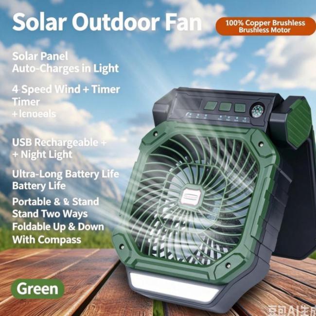 2026 Portable Solar-Powered Outdoor Camping Fan – USB Rechargeable, High Airflow, Cooling & Timer Functions – Ideal for Fishing and Tent Camping
