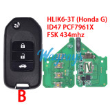 For Honda HLIK6-3T (Honda G) ID47 chip PCF7961X with FSK 434mhz 2/3 button remote key