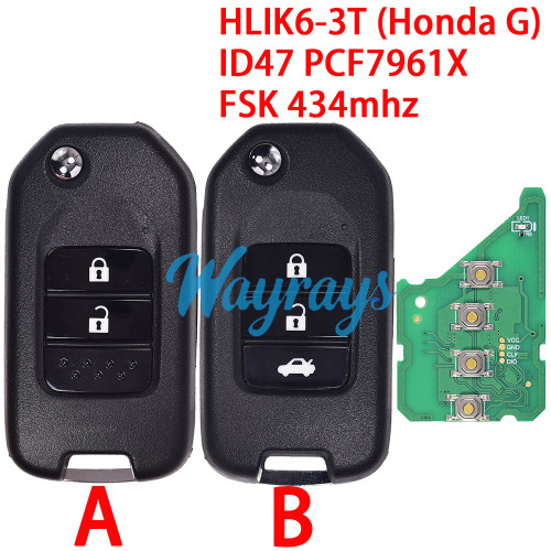 For Honda HLIK6-3T (Honda G) ID47 chip PCF7961X with FSK 434mhz 2/3 button remote key