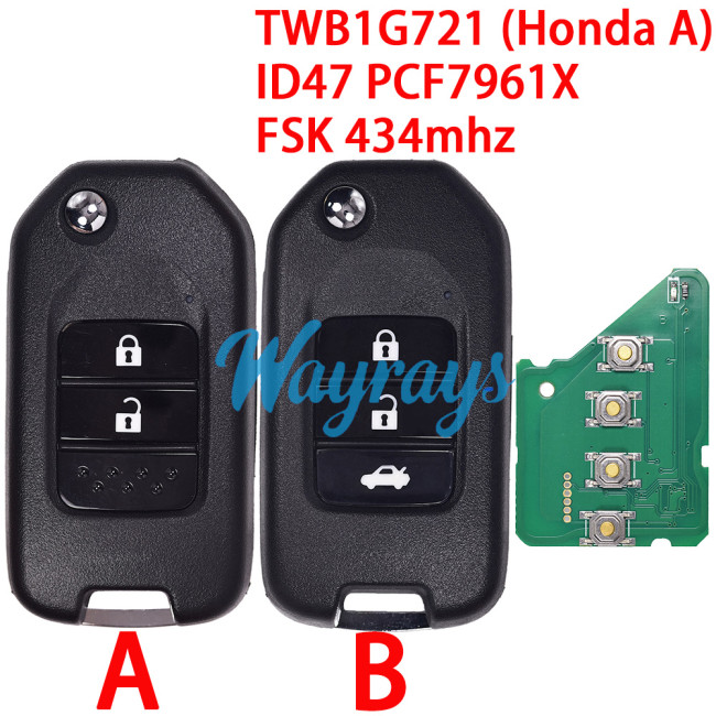 For Honda TWB1G721 (Honda A) ID47 chip PCF7961X with FSK 434mhz 2/3 button remote key
