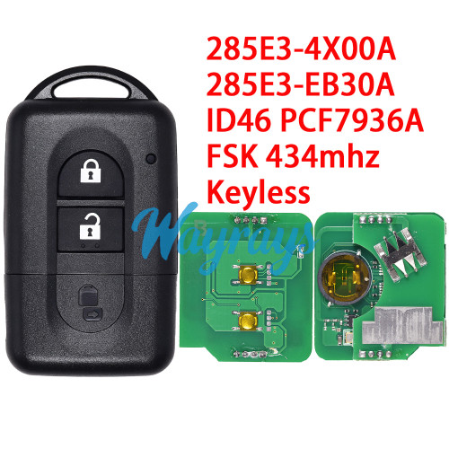For Nissan ID46 chip PCF7936A with FSK 434mhz keyless 2 button remote key, PN:285E34X00A 285E3EB30A