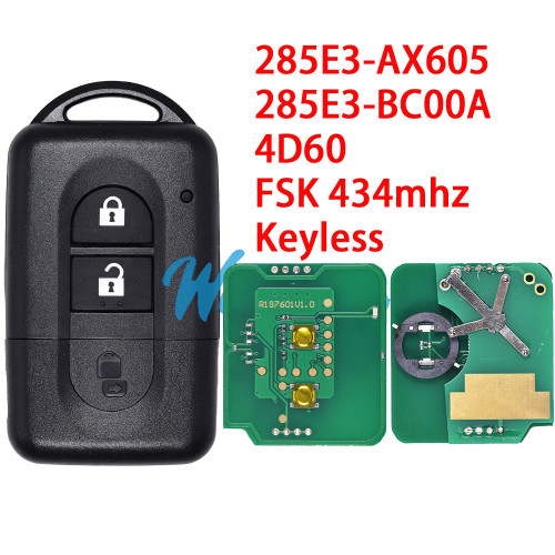 For Nissan 4D60 chip with FSK 434mhz keyless 2 button remote key, PN:285E3-AX605 285E3-BC00A