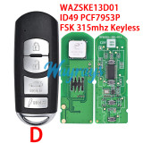 For Mazda WAZSKE13D01 SKE13D-02 ID49 chip PCF7953P/HITAG Pro with FSK 315mhz keyless 2/3/4 button remote key