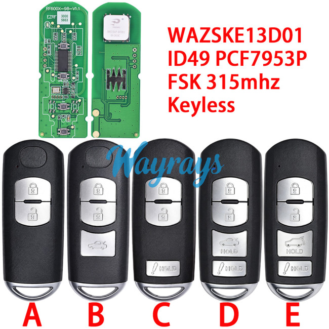 For Mazda WAZSKE13D01 SKE13D-02 ID49 chip PCF7953P/HITAG Pro with FSK 315mhz keyless 2/3/4 button remote key