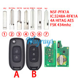 Original for Renault Logan Duster Sandero Oroch N5F-PFK1A IC:3248A-RFK1A  4A chip HITAG AES with FSK 434mhz 2/3 button remote key,aftermarket shell. If you need key shell with blade ⑤,/⑥/⑦, please contact the sales offline.