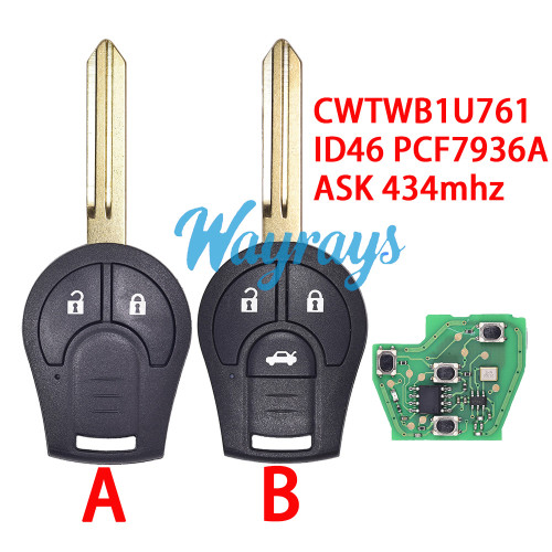 For Nissan CWTWB1U761 ID46 chip PCF7936A with ASK 434mhz 2/3 button remote key