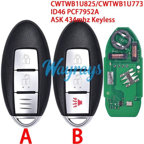 For Nissan CWTWB1U825 / CWTWB1U773 ID46 chip PCF7952A with ASK 434mhz keyless 2/3 button remote key