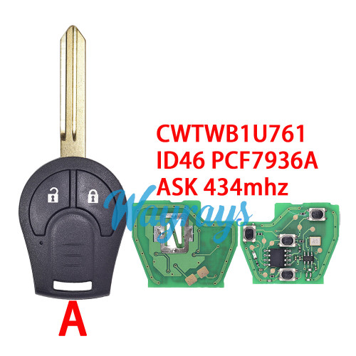 For Nissan CWTWB1U761 ID46 chip PCF7936A with ASK 434mhz 2/3 button remote key