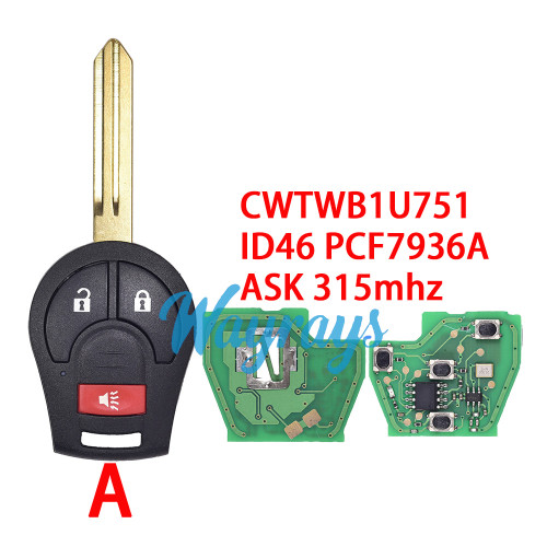 For Nissan CWTWB1U751 ID46 chip PCF7936A with ASK 315mhz 2+1/3+1 button remote key