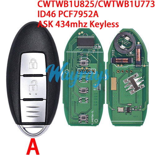 For Nissan CWTWB1U825 / CWTWB1U773 ID46 chip PCF7952A with ASK 434mhz keyless 2/3 button remote key