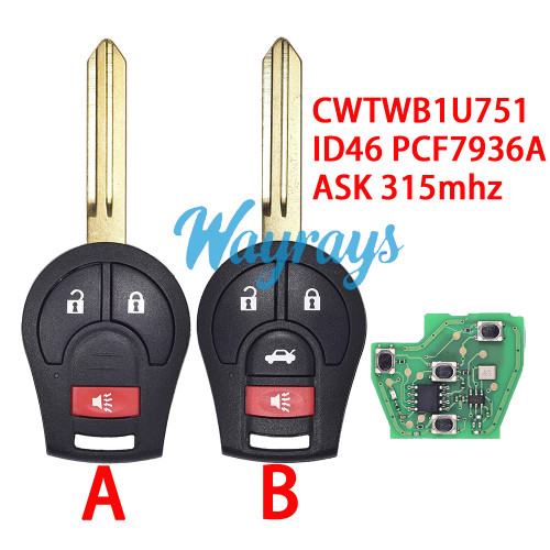 For Nissan CWTWB1U751 ID46 chip PCF7936A with ASK 315mhz 2+1/3+1 button remote key