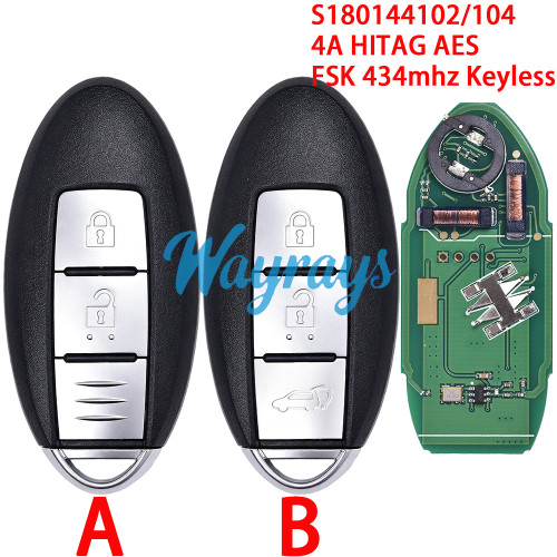 For Nissan S180144102/104 4A chip HITAG AES with FSK 434mhz keyless 2/3 button remote key
