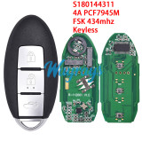 For Nissan S180144311 4A chip PCF7945M with FSK 434mhz Keyless 3 button remote key