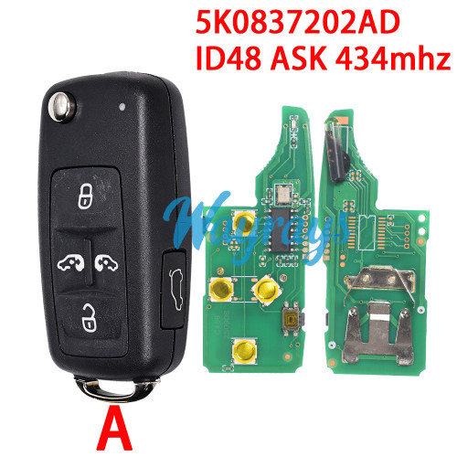 For VW 5K0837202AD ID48 chip with ASK 434mhz 5/4+1 button remote key