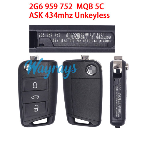 Original for VW 2G6 959 752 MQB 5C chip with ASK 434mhz 3 button remote key，unkeyless