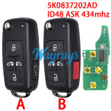 For VW 5K0837202AD ID48 chip with ASK 434mhz 5/4+1 button remote key