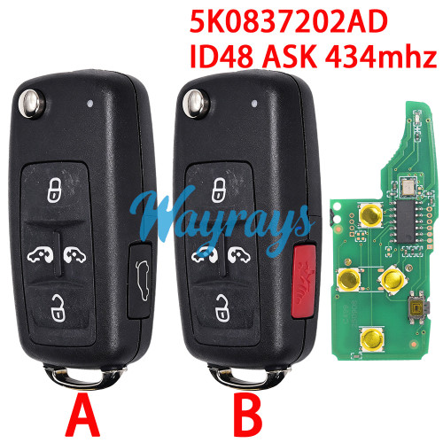 For VW 5K0837202AD ID48 chip with ASK 434mhz 5/4+1 button remote key