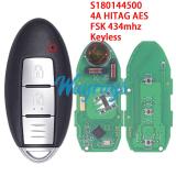 For NIissan S180144500 285E3-58F0A 4A chip HITAG AES with FSK 434mhz keyless 2 button remote key