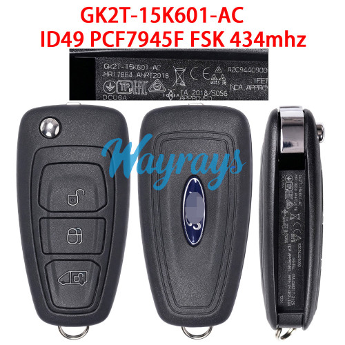 Original for Ford GK2T-15K601-AC ID49 chip PCF7945F with FSK 434mhz 3 button remote key