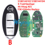 Original for Nissan S180144102 S180144104 X-Trail/Qashqai 4A chip Hitag AES with FSK 434mhz keyless 2/3 button remote key