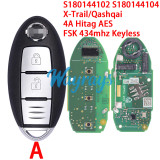 Original for Nissan S180144102 S180144104 X-Trail/Qashqai 4A chip Hitag AES with FSK 434mhz keyless 2/3 button remote key