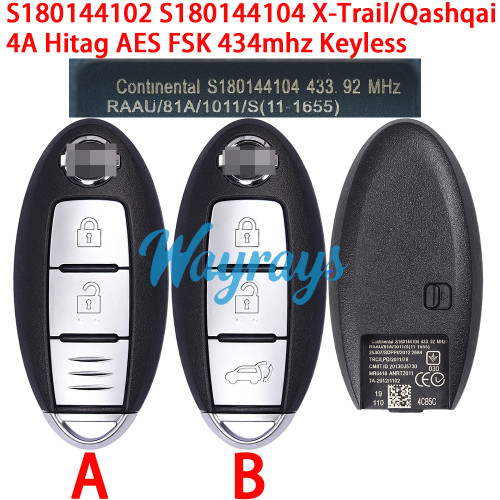 Original for Nissan S180144102 S180144104 X-Trail/Qashqai 4A chip Hitag AES with FSK 434mhz keyless 2/3 button remote key
